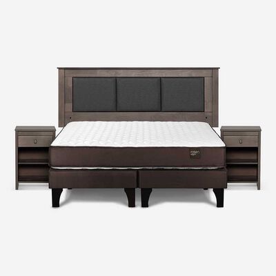 Cama Europea Rosen Base Dividida 2 Plazas New Ergo T + Respaldo Rachel Gris + 2 Veladores