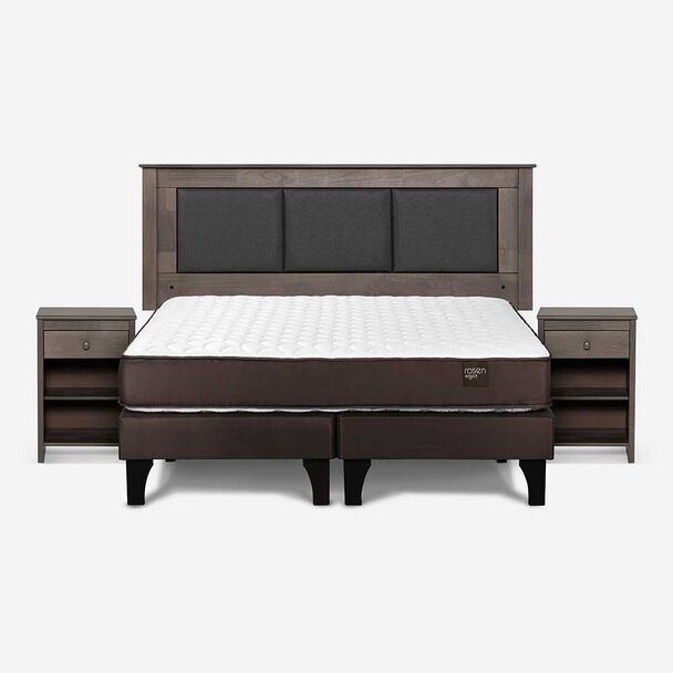 Cama Europea Rosen Base Dividida 2 Plazas New Ergo T + Respaldo Rachel Gris + 2 Veladores