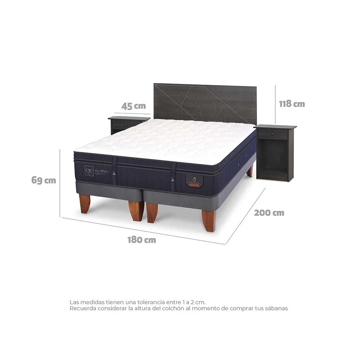Cama Europea CIC Base Dividida King Súper Premium + Respaldo + 2 Veladores Villarrica