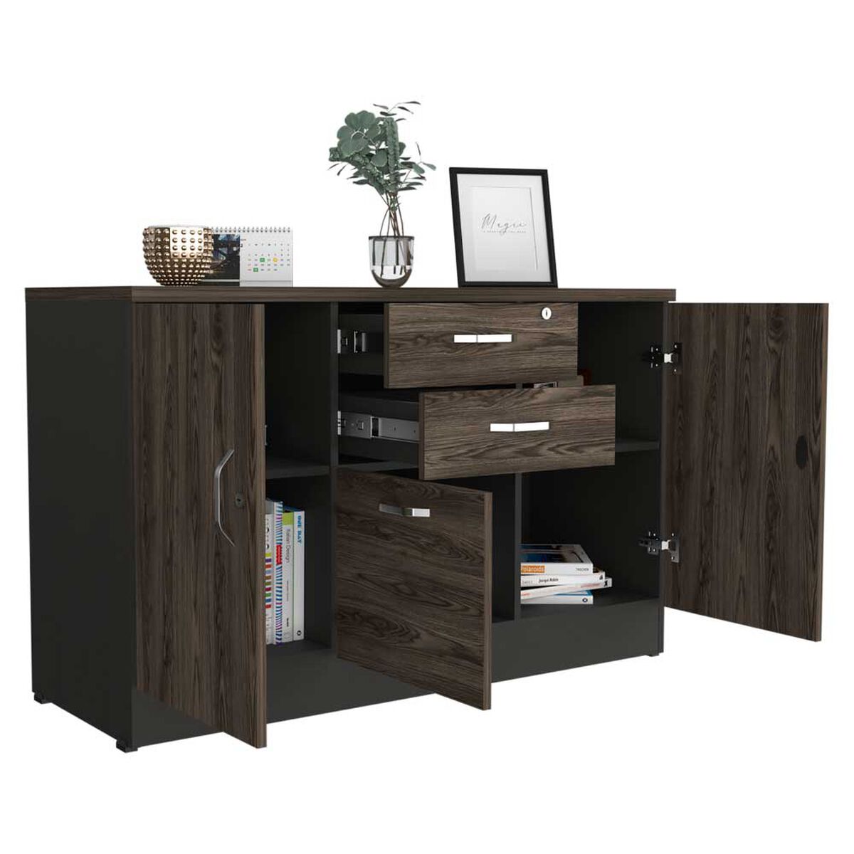 Gabinete TuHome Home Office 2 Puertas 3 Cajones Negro Soft Co&ntilde;ac