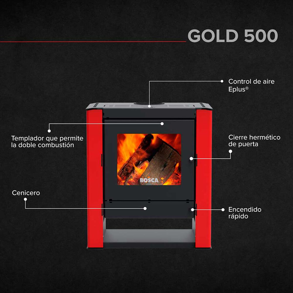 Pack Calefactor a Le&ntilde;a Bosca Gold 500 Burdeo + Kit Instalaci&oacute;n