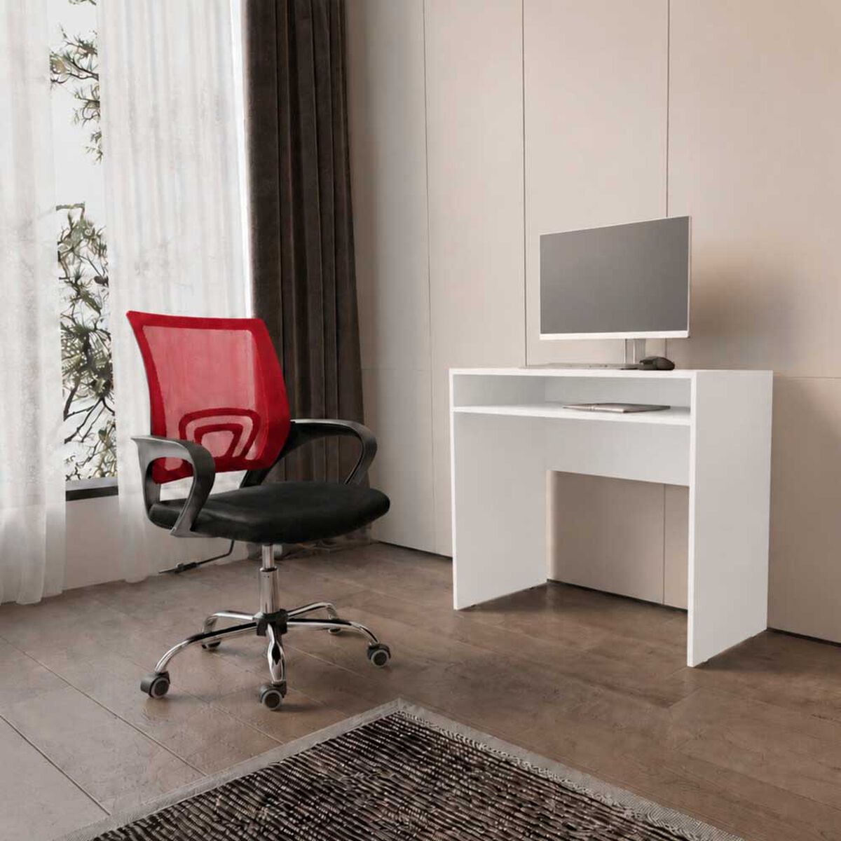 Combo Oficina Escritorio Blanco + Silla New York Negra y Roja Arthome