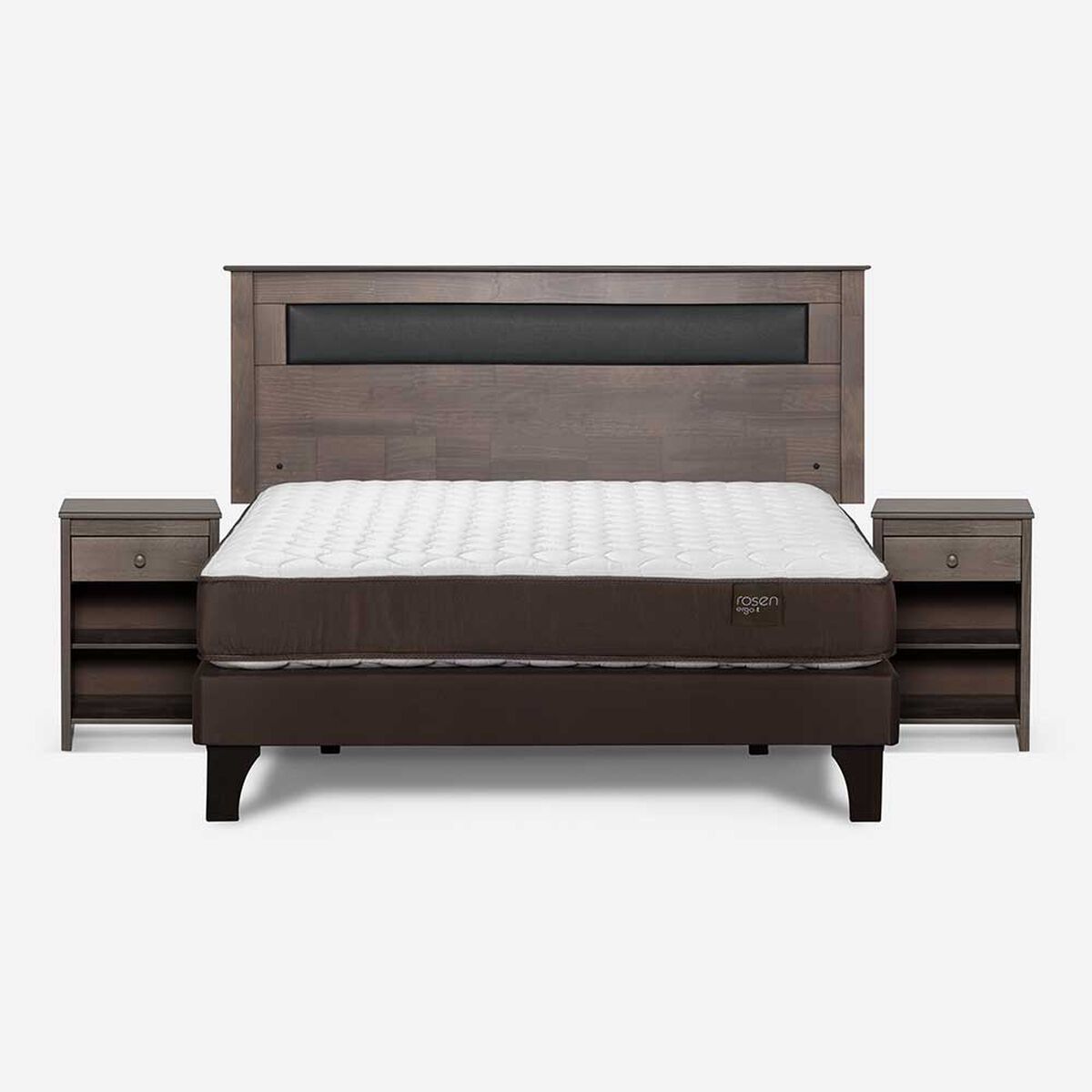 Cama Europea Rosen 2 Plazas New Ergo T + Respaldo Ferrera Gris + 2 Veladores