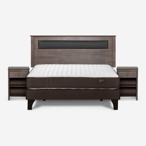 Cama Europea Rosen 2 Plazas New Ergo T + Respaldo Ferrera Gris + 2 Veladores