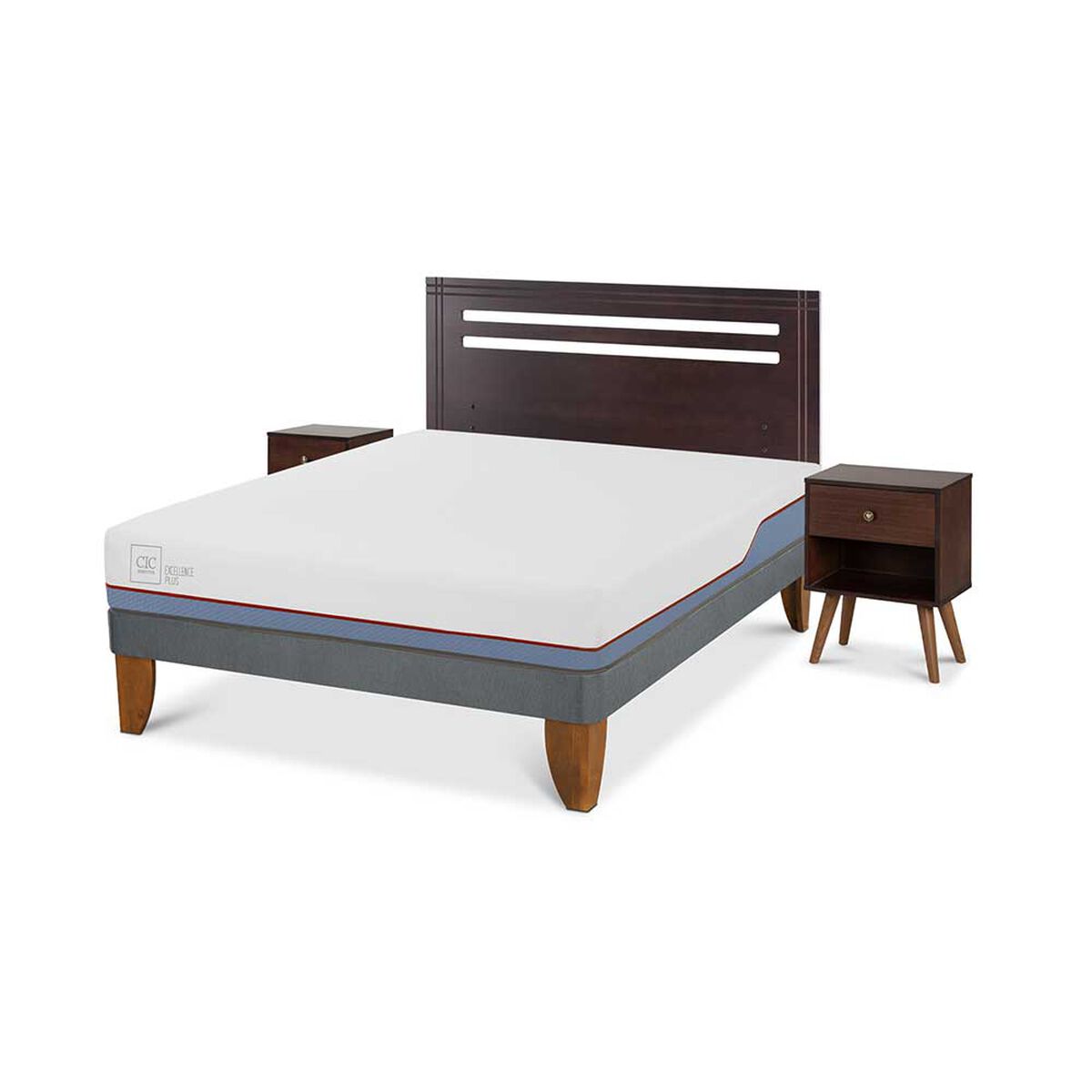 Cama Europea CIC 2 Plazas Excellence Plus New Munich + Respaldo + 2 Veladores New Munich