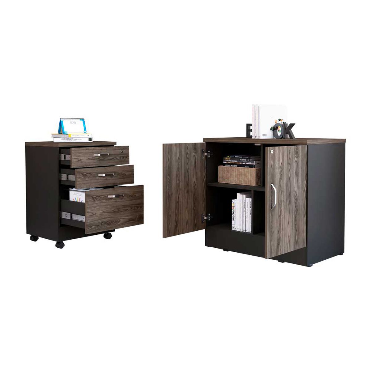 Combo Archivador 3 Cajones + Cajonera 2 Puertas TuHome Home Office Negro Soft-Coñac