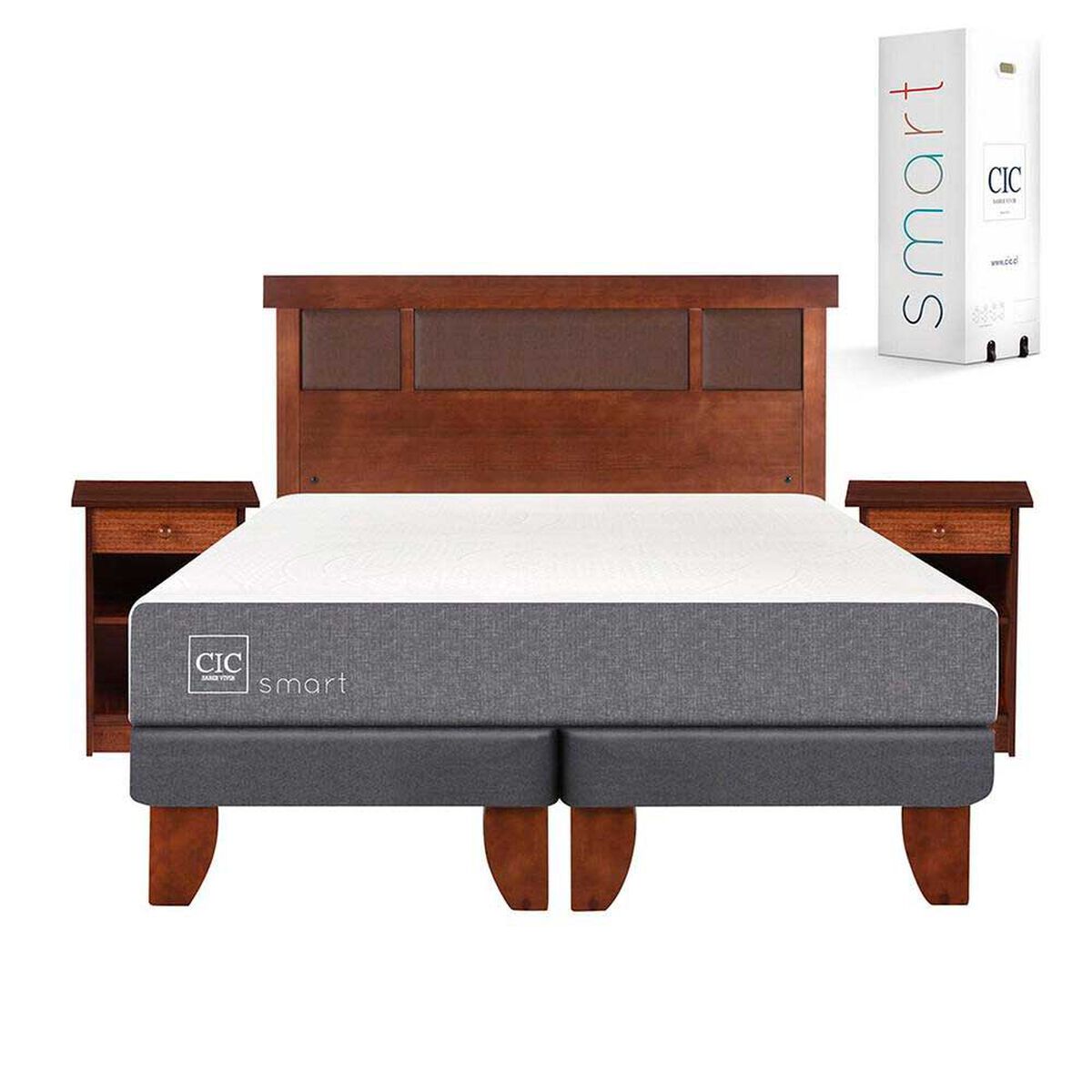 Cama Europea CIC Base Dividida 2 Plazas Smart + Respaldo + 2 Veladores Dublin Caramelo