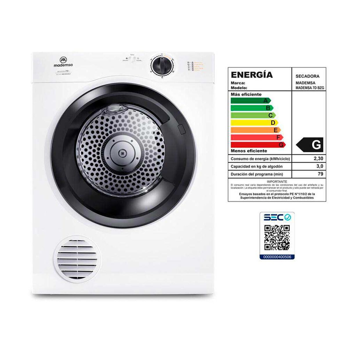 Secadora de Ropa Mademsa 7D BZG 7 Kg.