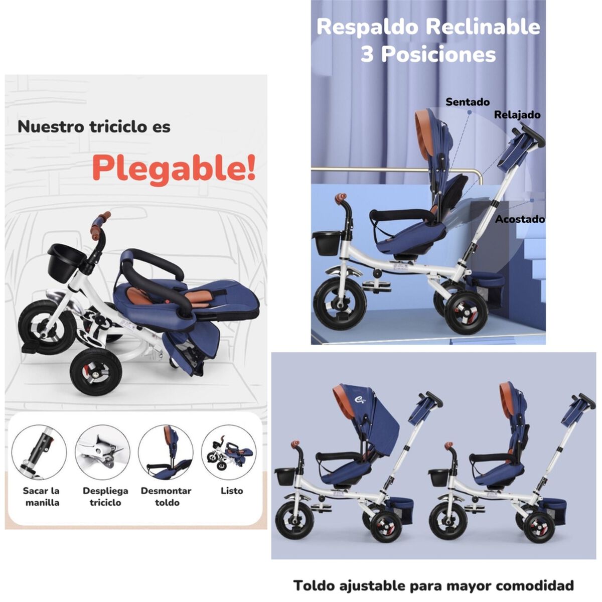 Triciclo Reversible y Plegable con Accesorios Azul Lubabycas
