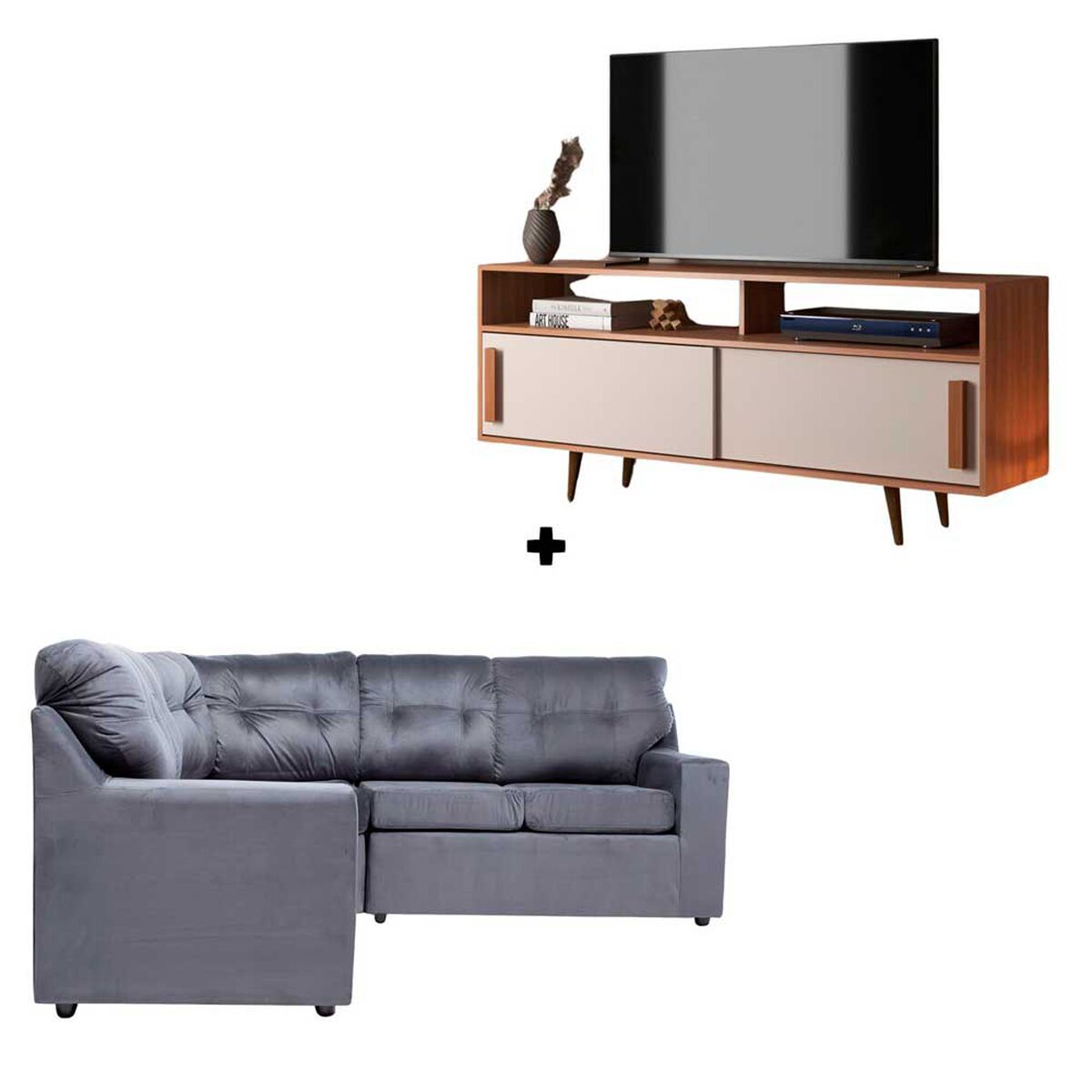 Rack Almore Belen Freijoy Off Whie y Gris Hasta 65" + Seccional