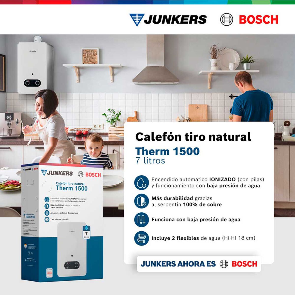 Calef&oacute;n 7 litros gas natural tiro natural Junkers Bosch Therm 1500