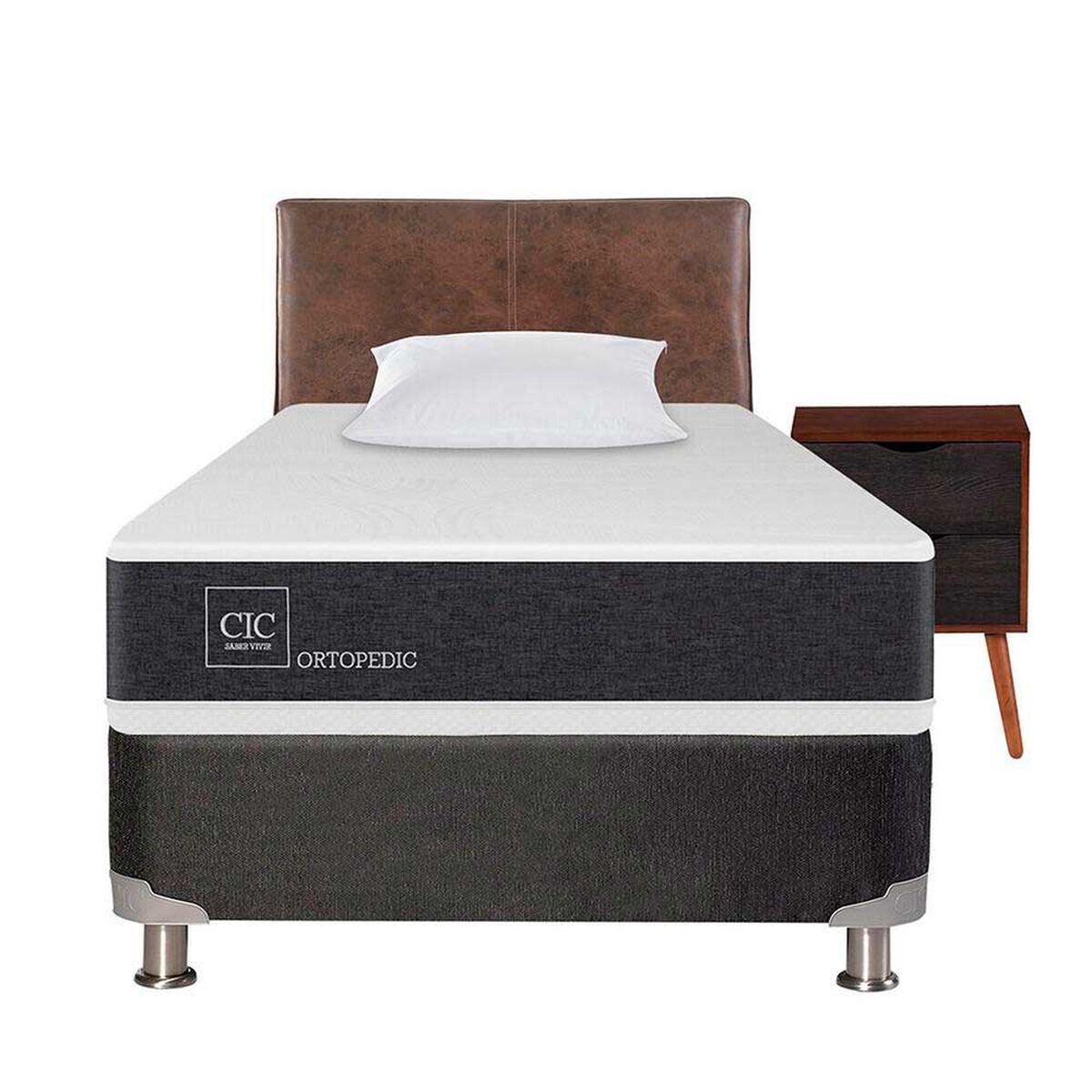 Box Spring CIC 1,5 Plazas New Ortopedic + Respaldo + Velador Baker + Almohada