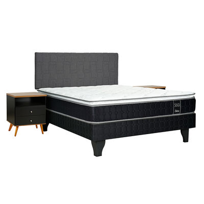 Cama Europea Celta 2 Plazas Black Soul + Respaldo + 2 Veladores Black