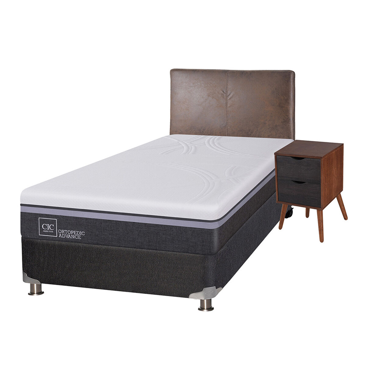 Box Spring CIC 1,5 Plazas Ortopedic Advance + Respaldo + Velador Baker
