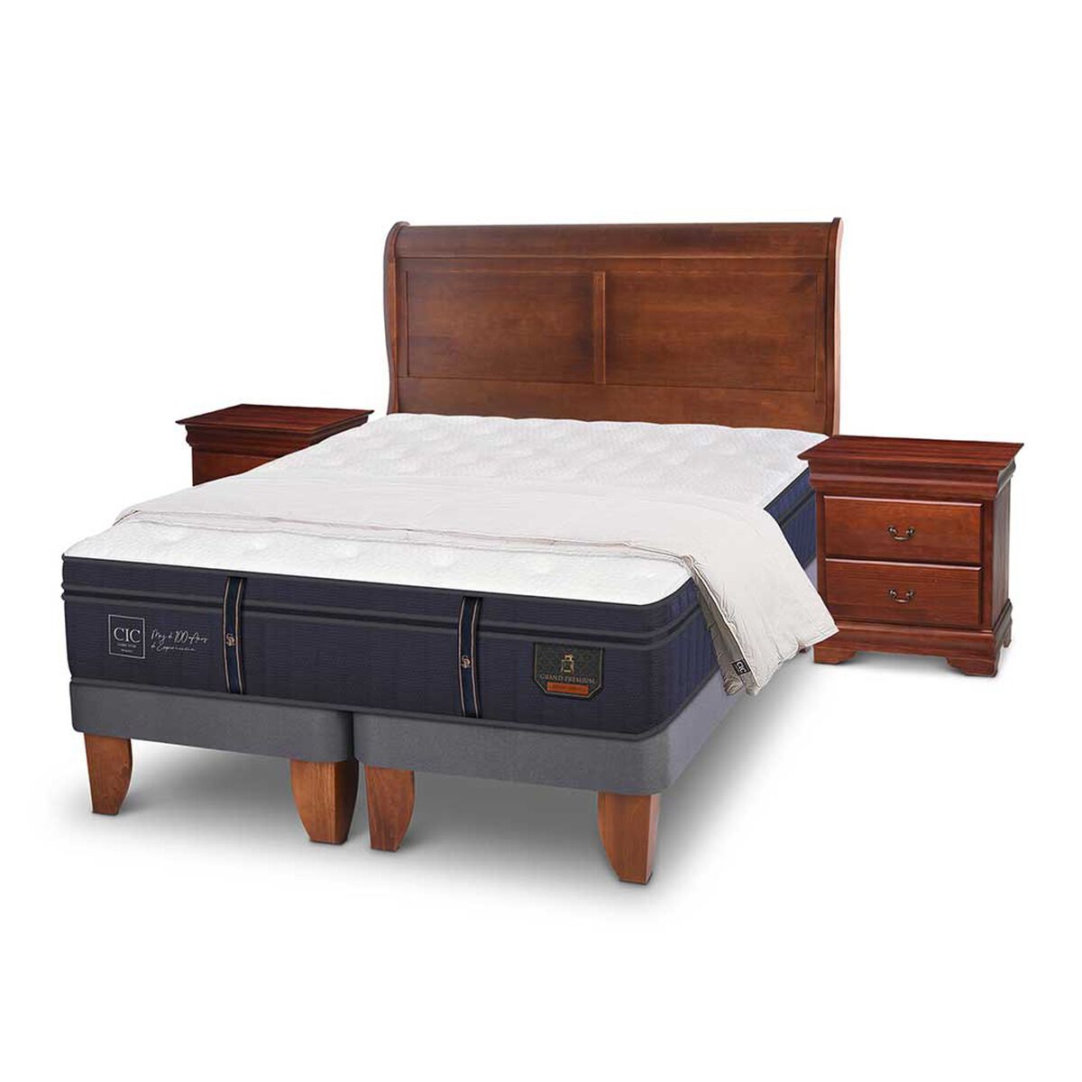 Cama Europea CIC Base Dividida King Grand Premium + Respaldo + Veladores + Plum&oacute;n Ganso