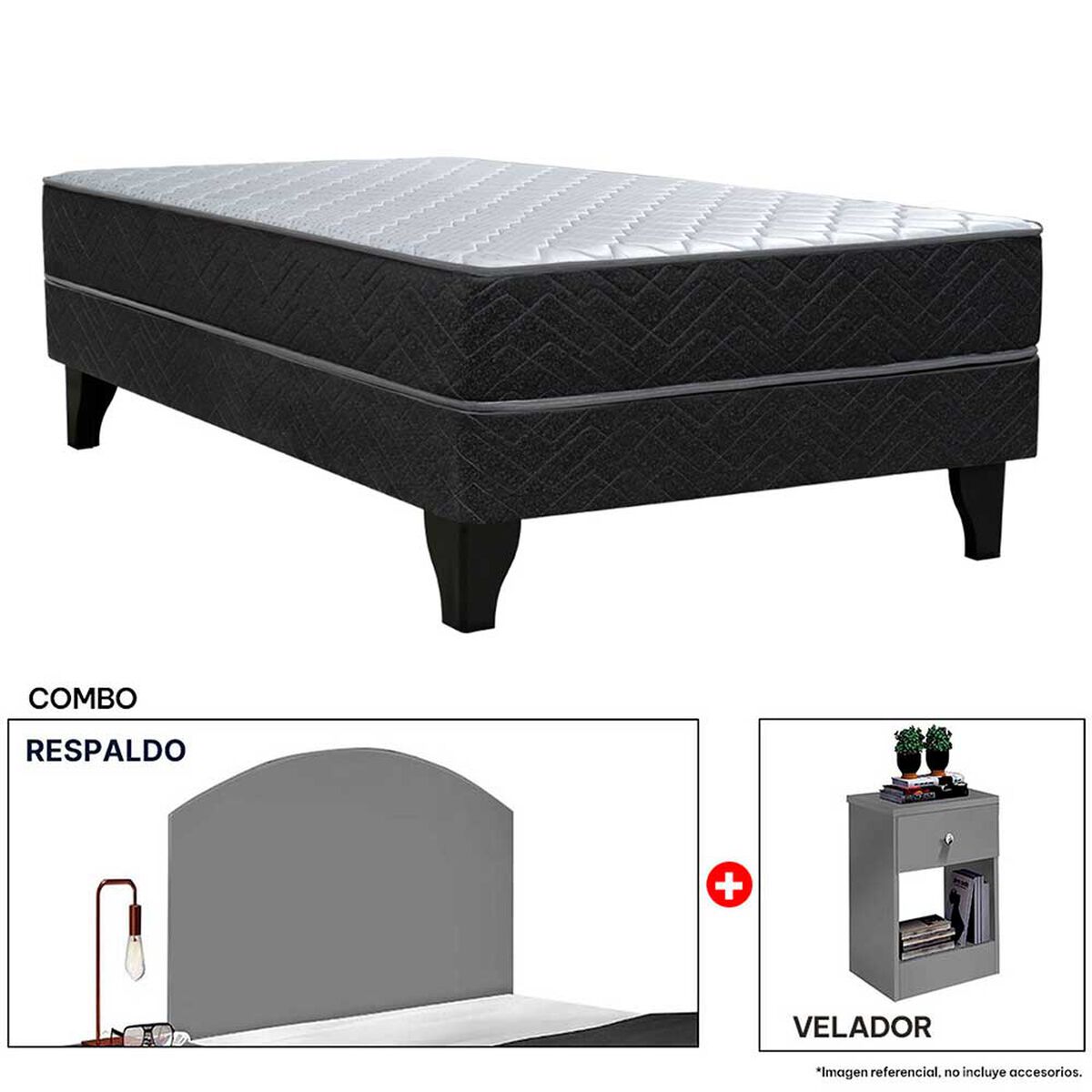 Combo Celta Cama Europea 1,5 Plaza Cádiz 190 x 105 cm + Respaldo + Velador Casanova 1,5 Plazas Gris