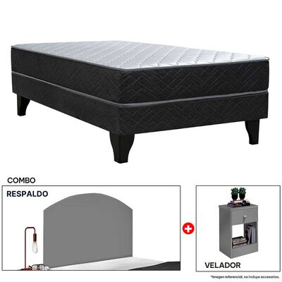 Combo Celta Cama Europea 1,5 Plaza Cádiz 190 x 105 cm + Respaldo + Velador Casanova 1,5 Plazas Gris