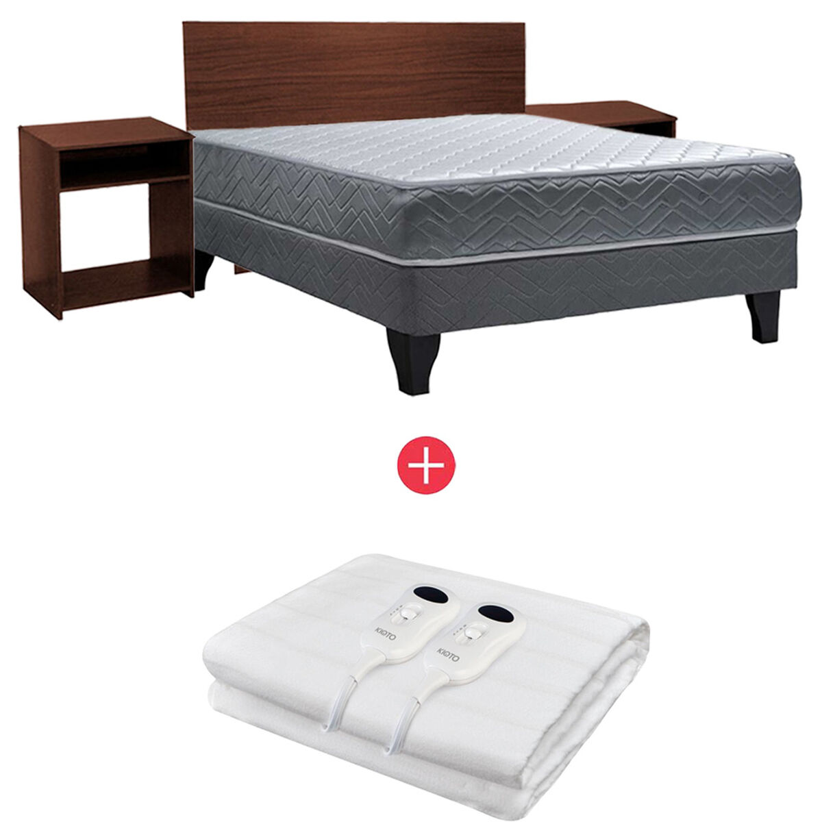 Combo Cama Europea Celta 2 Plazas Cádiz + Respaldo + 2 Veladores Casanova 2 Plazas Nogal + Calientacama Análogo Kioto CC2 2 Plazas