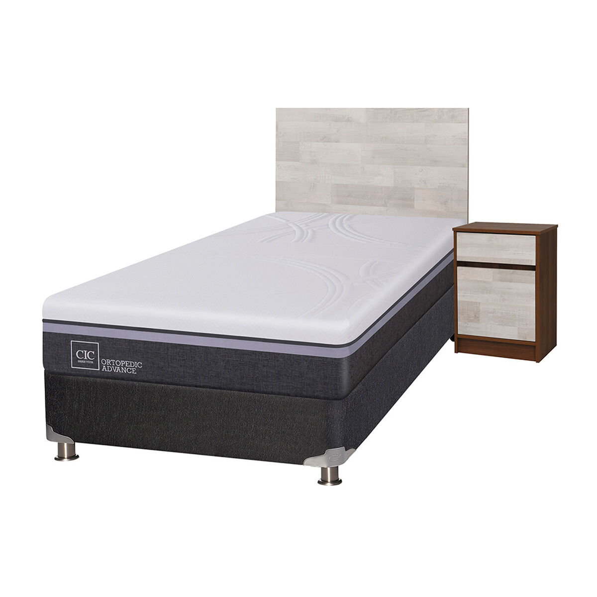 Box Spring CIC 1,5 Plazas Ortopedic Advance + Respaldo + Velador