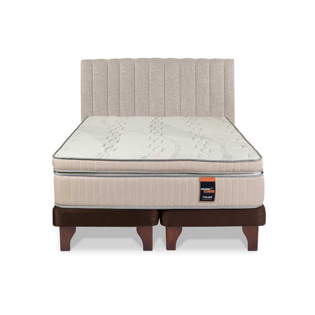 Cama Europea Flex Base Dividida 2 Plazas Máximo Cobre  + Respaldo Tubular Beige