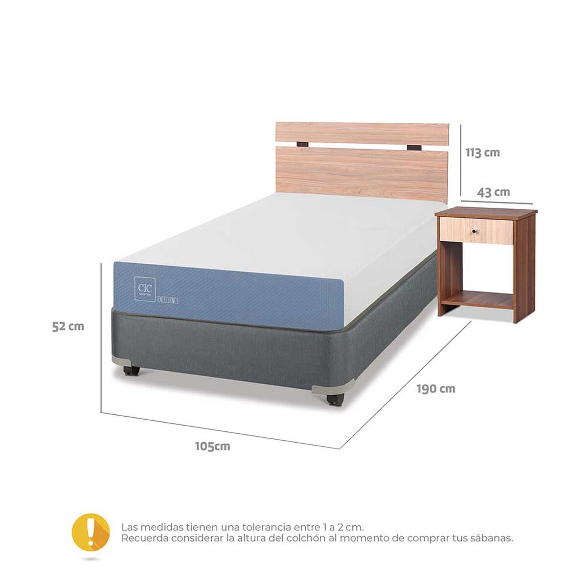 Cama Americana CIC 1,5 Plazas Excellence + Respaldo + Velador