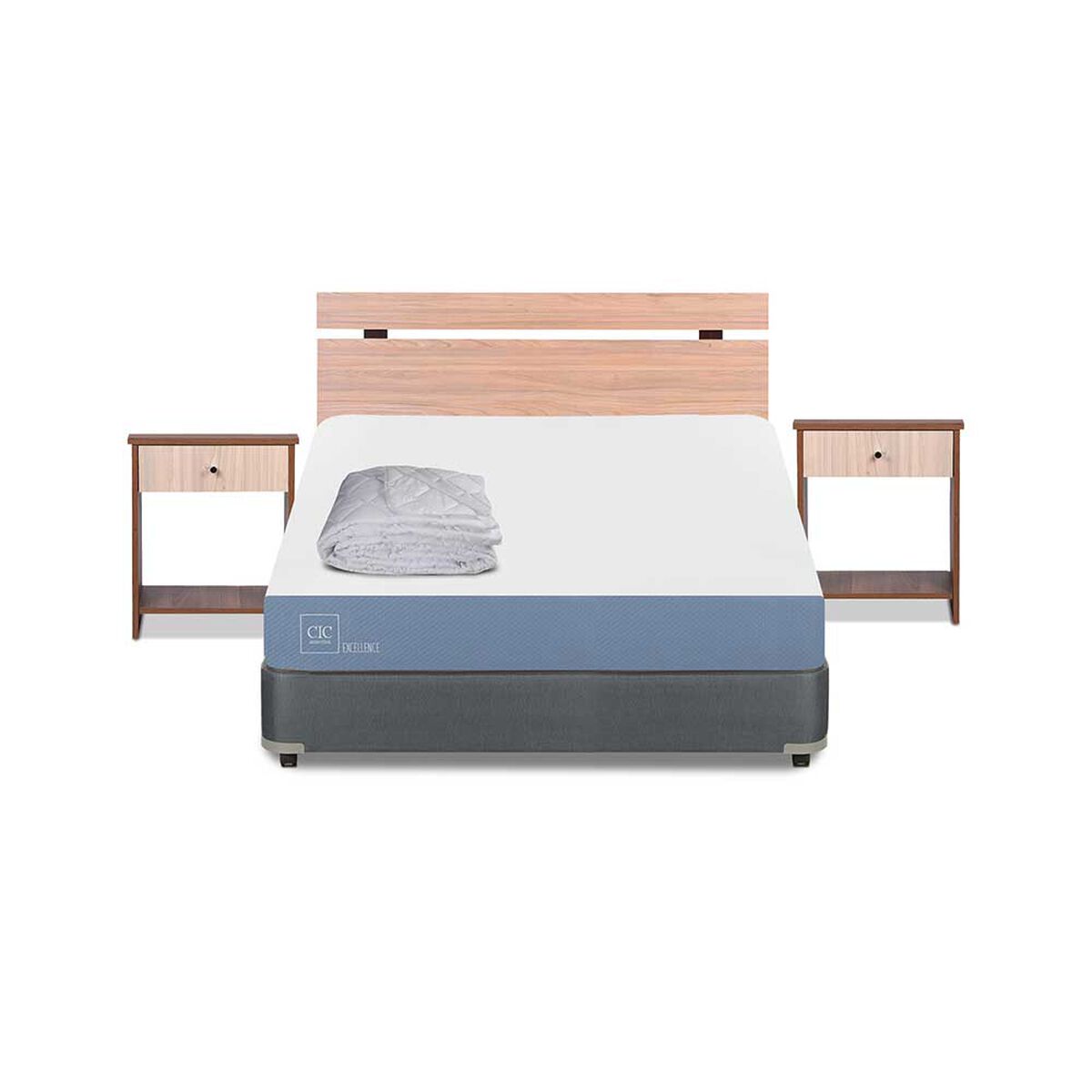 Cama Americana CIC 2 Plazas Excellence + Respaldo + 2 Veladores Olmo + Plumón