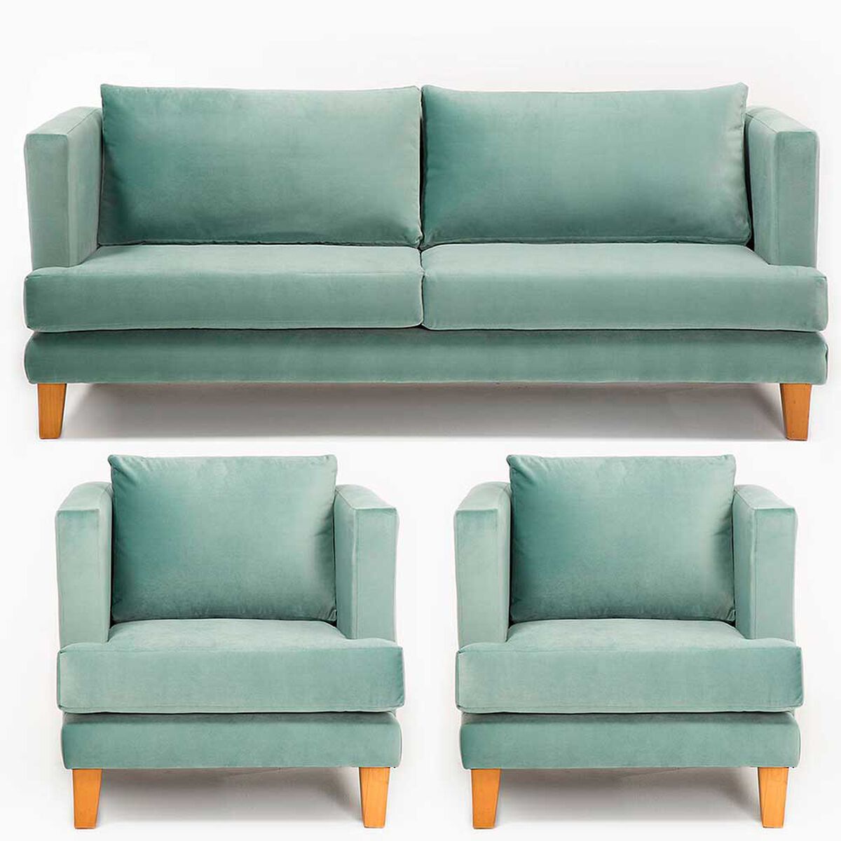 Juego de Living Barra Design Larisa Sofá 3 Cuerpos + Dos Sillones 1 Cuerpo Verde Claro