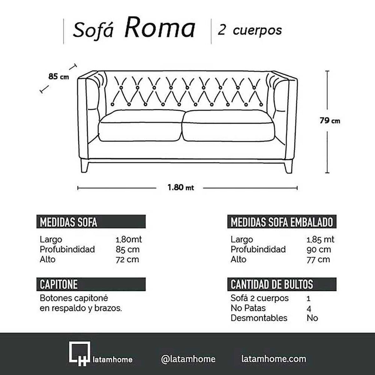 Sof&aacute; Latam Home Cuero Colorado Roma 2 Cuerpos Negro