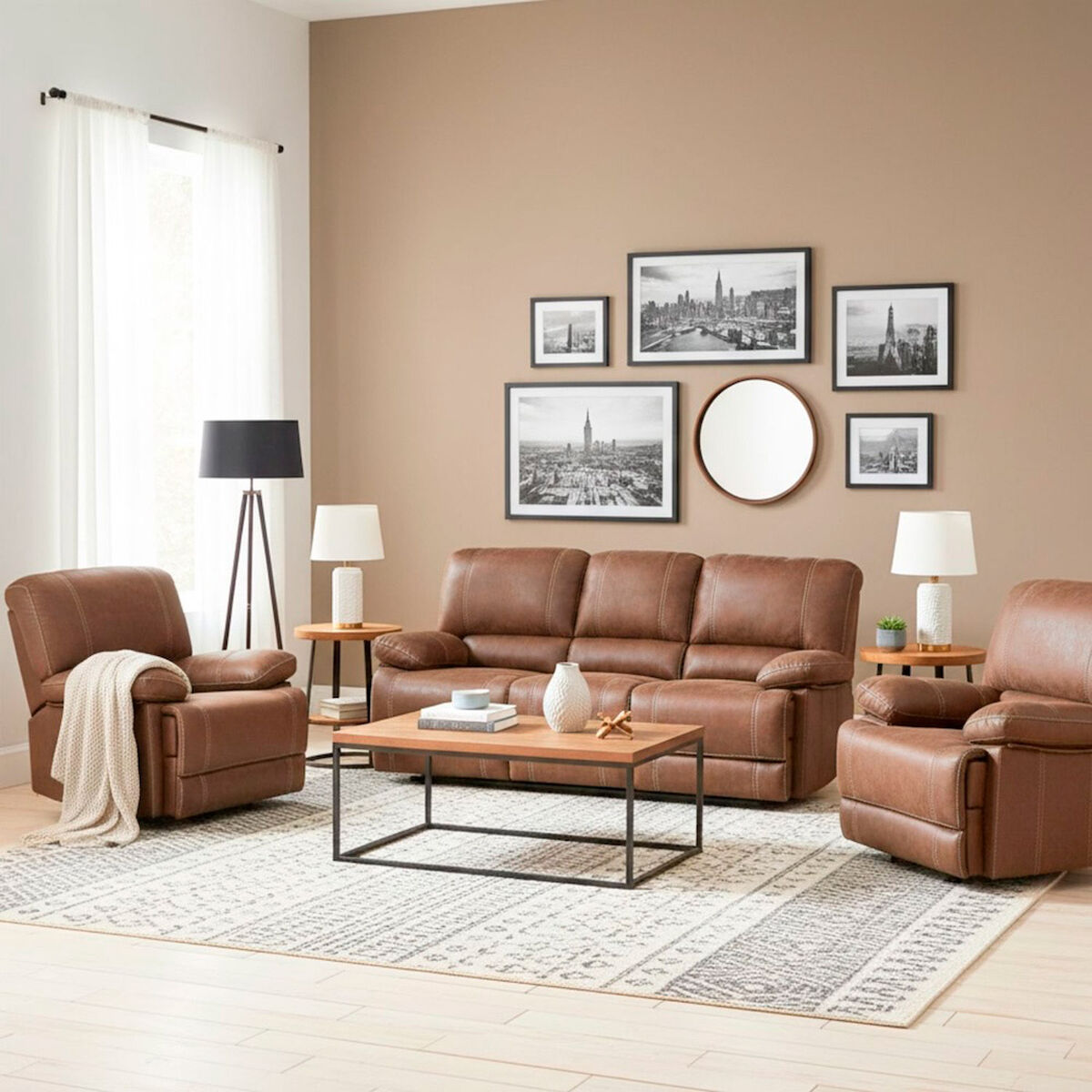 Juego de Living Reclinable Daniels Castle Sof&aacute; 3 Cuerpos + 2 Bergere Caf&eacute;
