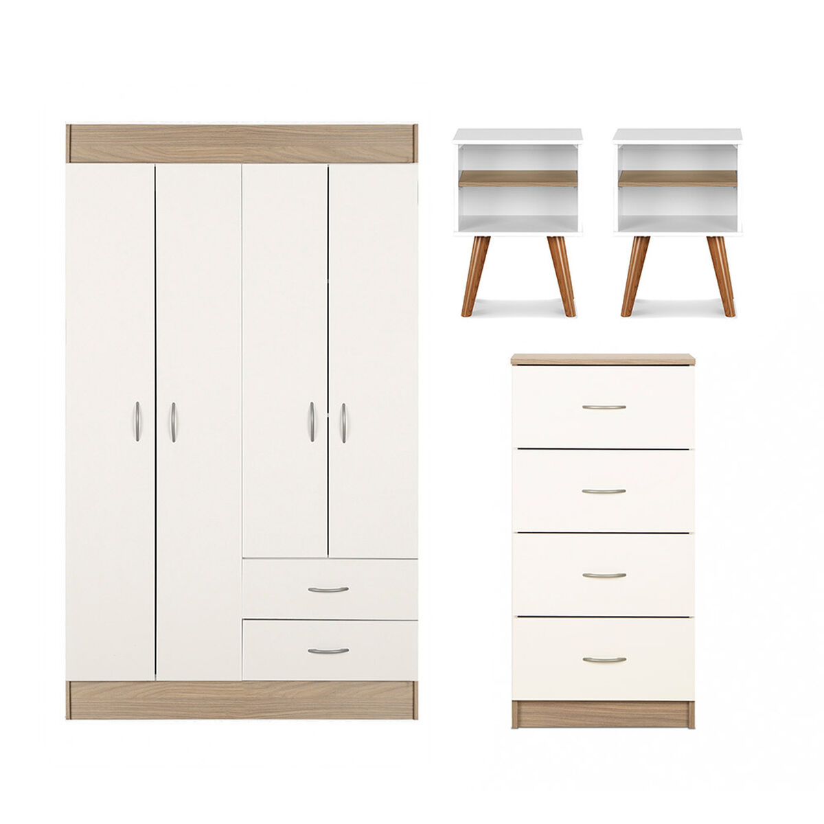 Combo Closet 4 Puertas 2 Cajones + Velador + C&oacute;moda 4 Cajones Stanford Blanco