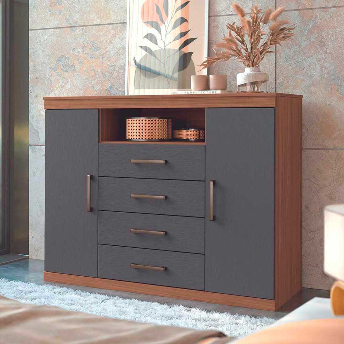 C&oacute;moda Onessta Master 4 Cajones 2 Puertas Jatoba Grafito