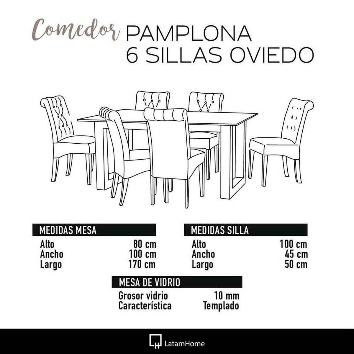 Juego de Comedor Latam Home Pamplona Cadiz 6 Sillas Velvet Negro