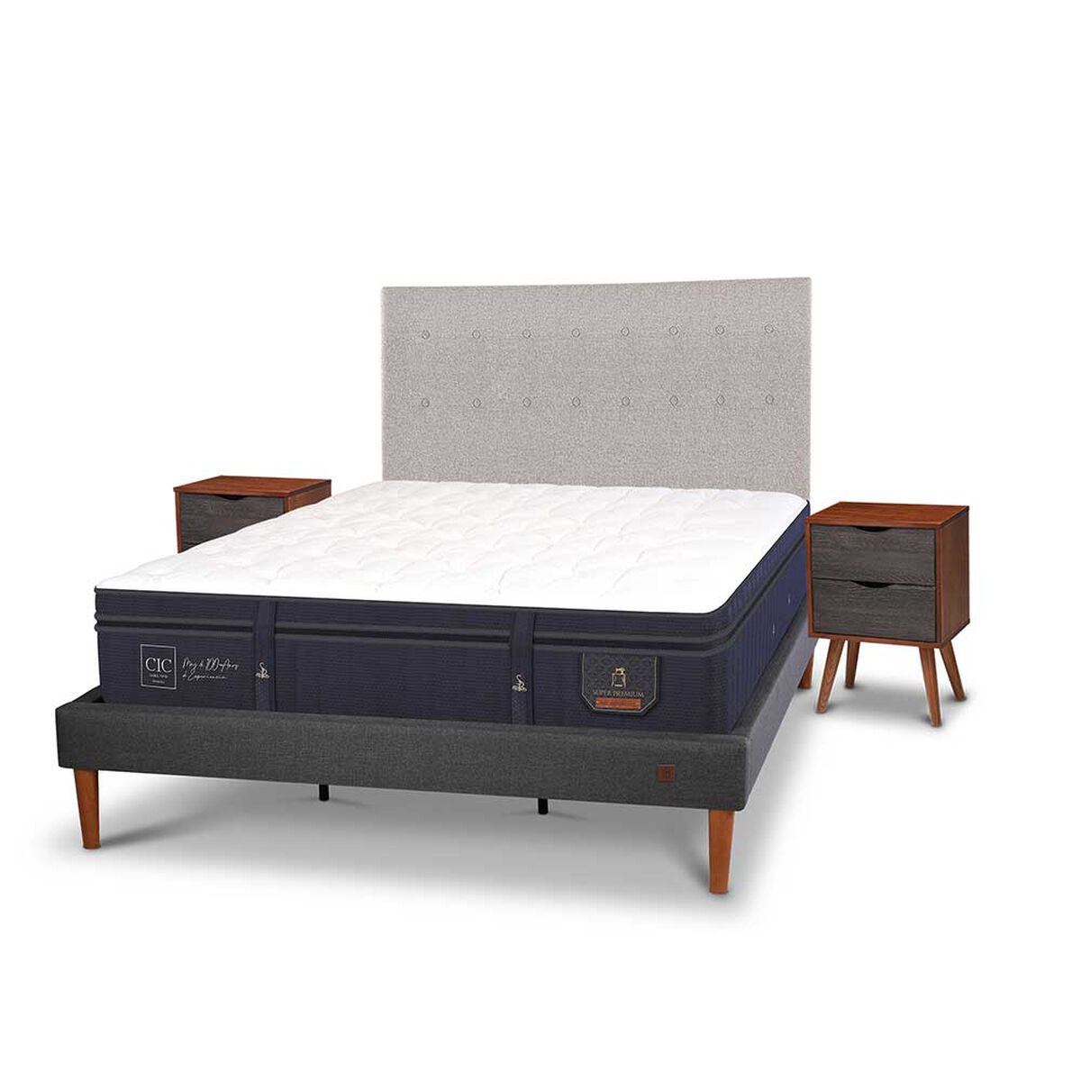 Cama Europea CIC King S&uacute;per Premium + Respaldo + Veladores