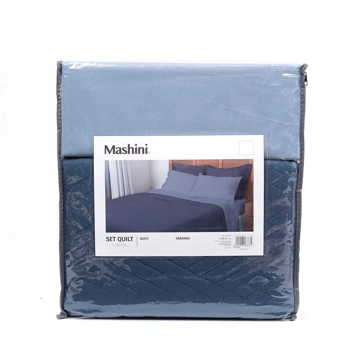 Set Quilt + Juego de Sábanas Mashini King Liso Azul