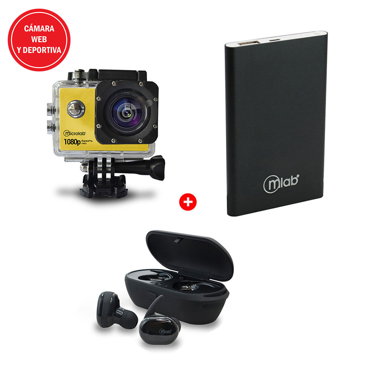 Audífonos Bluethoot Mlab Air Touch Twins + Cámara Web y Deportiva Mlab iSport Pro Cam HD Amarilla + Batería Externa Portátil 