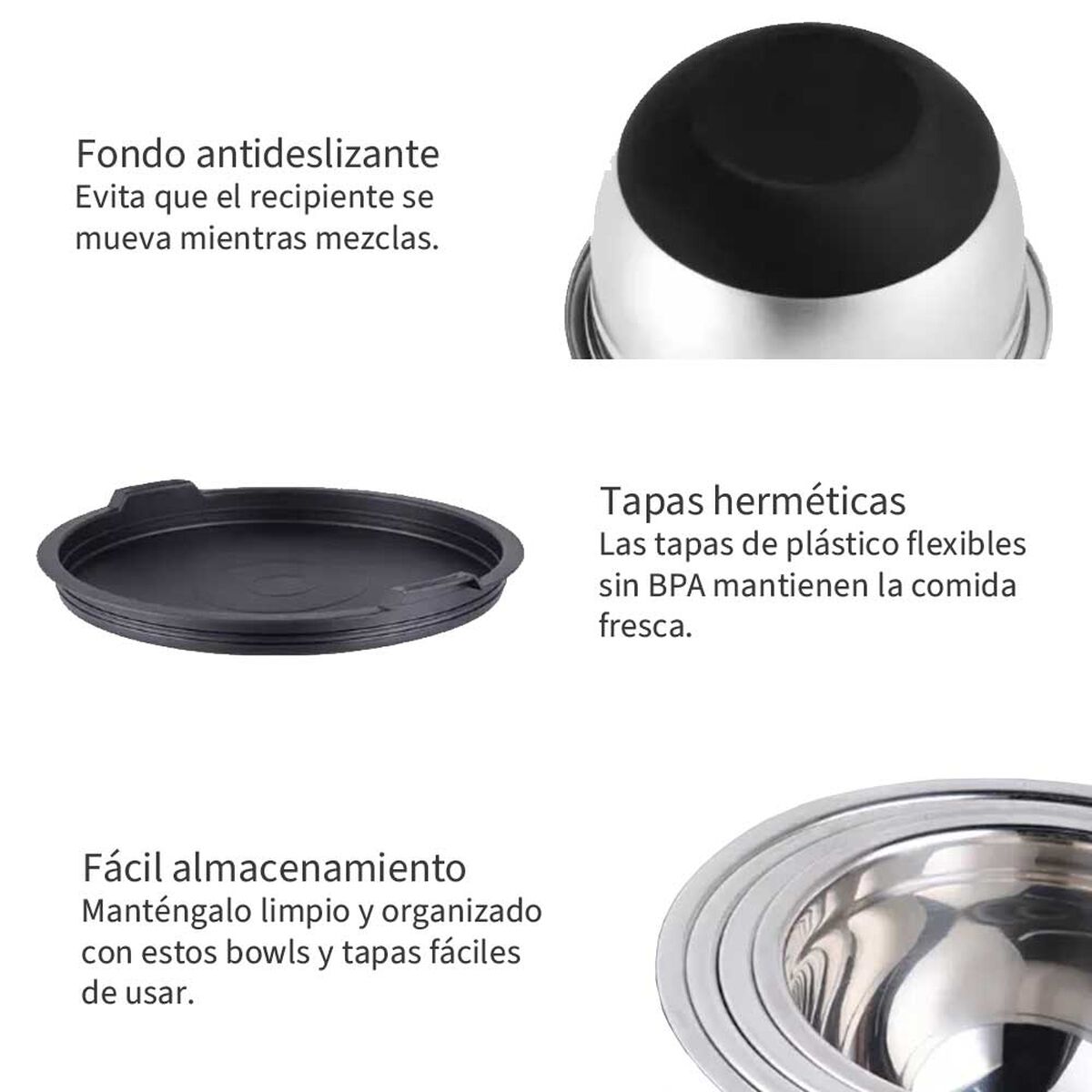 Set 3 Bowls con Tapa Acero Inoxidable Antideslizante Simplit