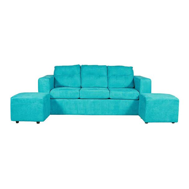 Juego de Living Kea Nize Sofá 3 Cuerpos + Dos Pouf Felpa Turquesa