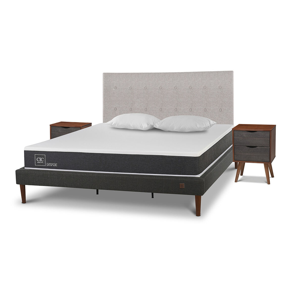 Cama Europea CIC King New Ortopedic + Respaldo Tigris + 2 Veladores + Almohadas Viscoel&aacute;sticas