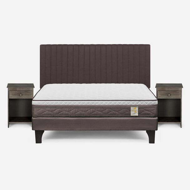 Cama Europea Rosen 2 Plazas New Style 4 + Respaldo + 2 Veladores Café