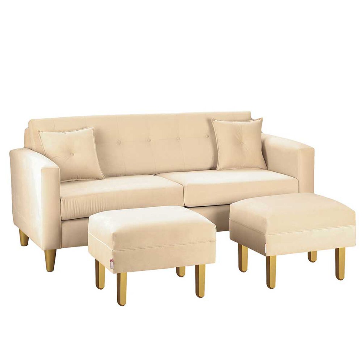 Juego de Living Bodevir New Retro Felpa 01 Sofá 3 Cuerpos + Dos Pouf 1 Cuerpo Beige 