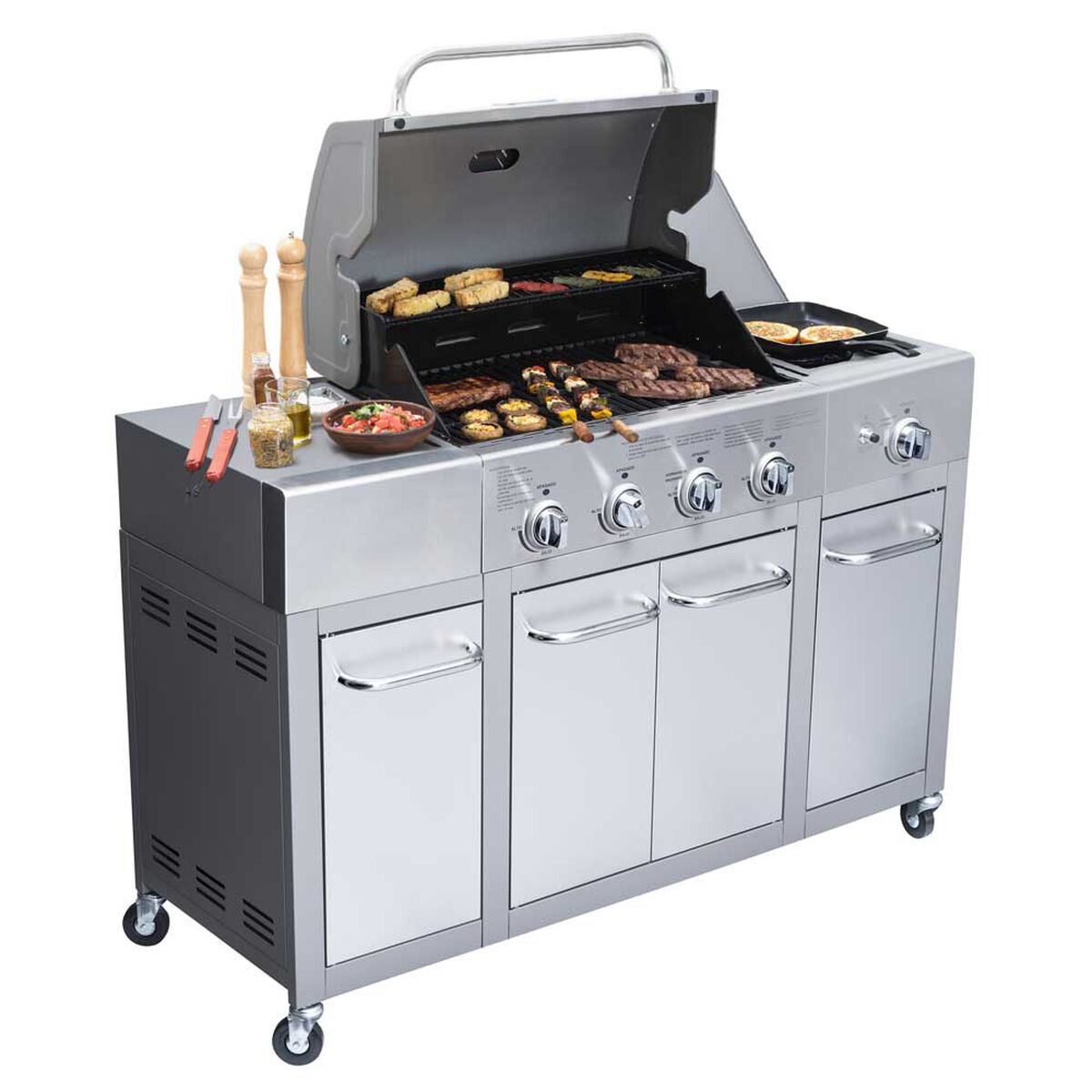 Parrilla a Gas Encendido Electr&oacute;nico BBQ Grill Buffalo Acero Inoxidable 4 Quemadores Centrales + 1 Lateral
