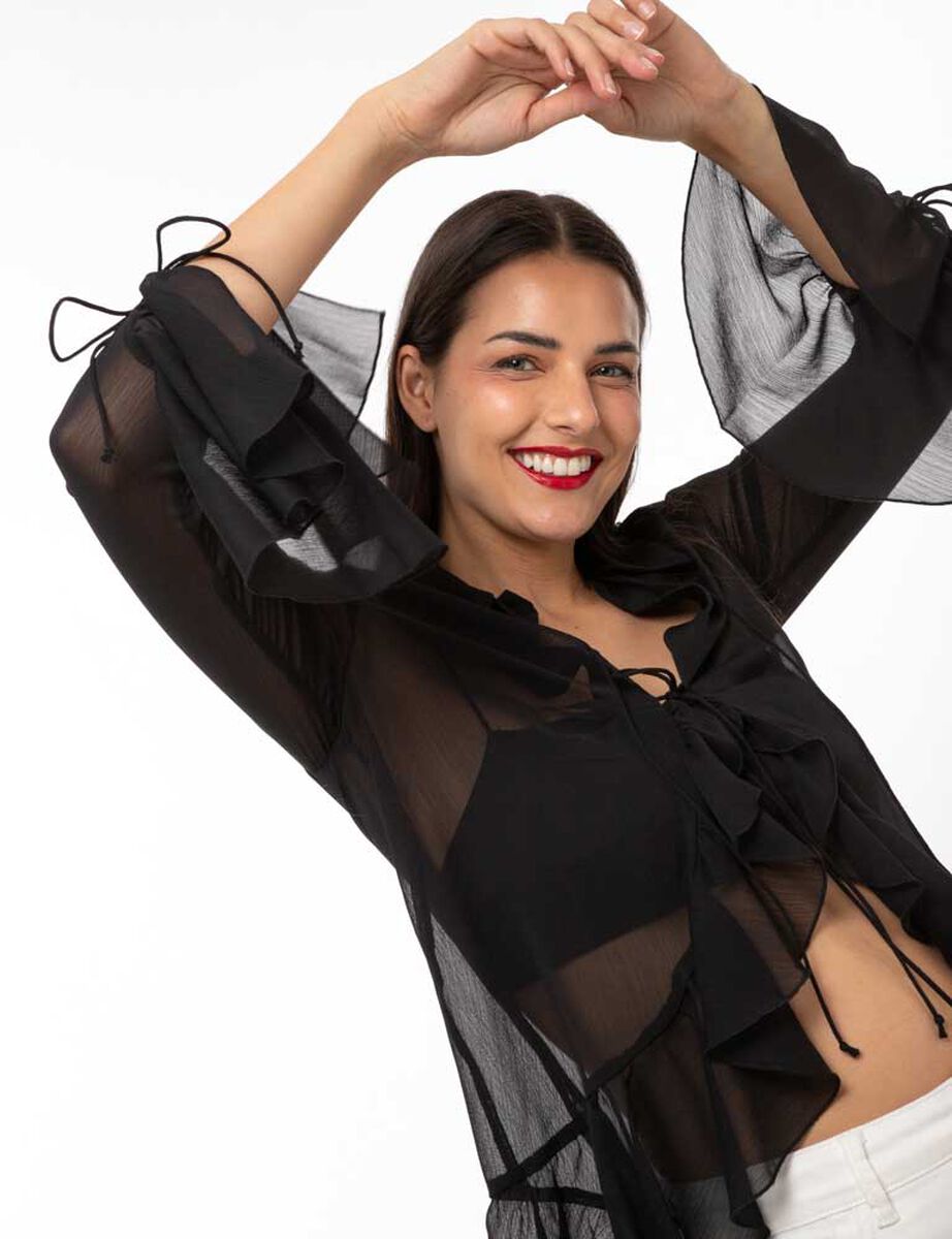 Blusa Transparente Con Vuelos Manga Larga Campana Mujer Zibel