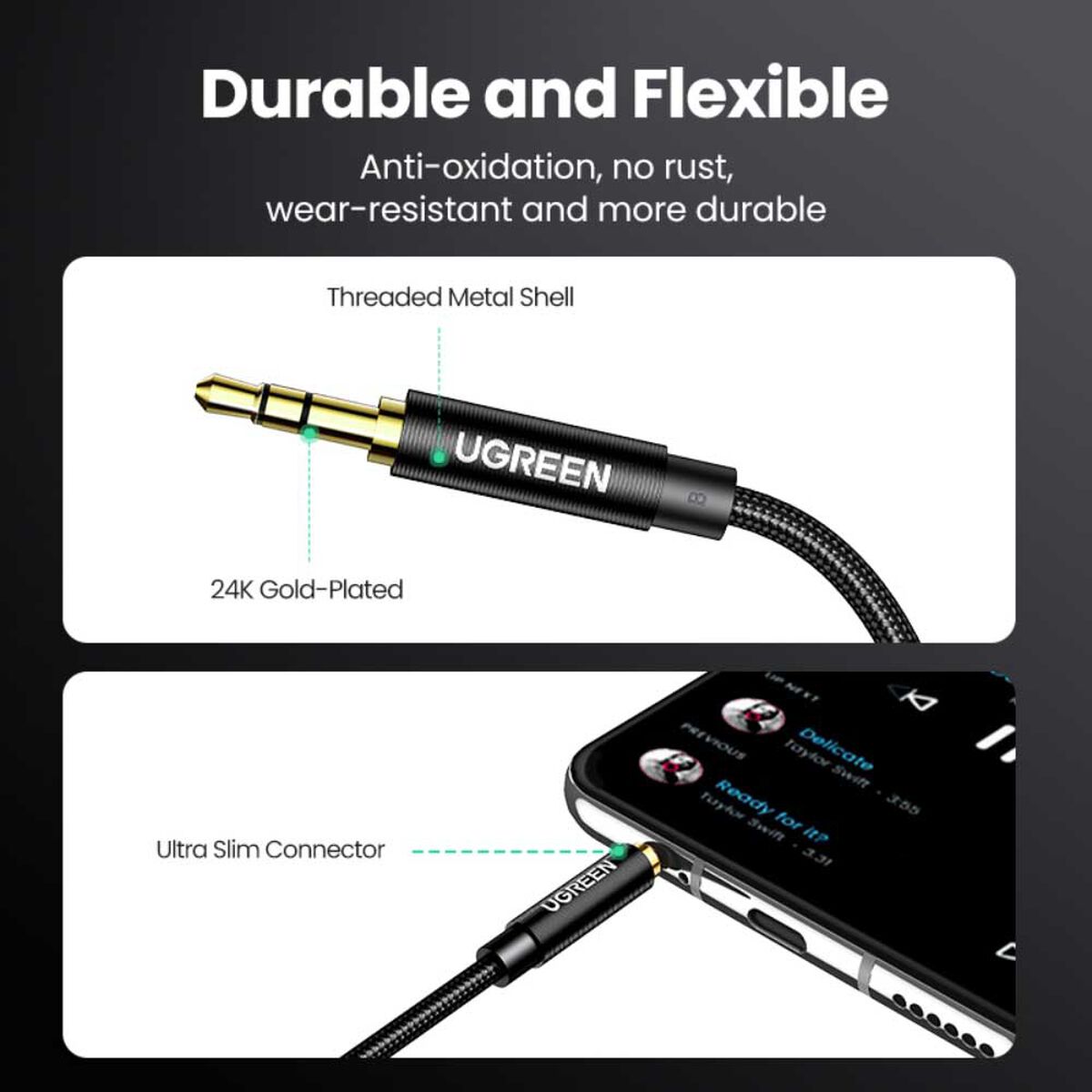Cable Audio Auxiliar Plug 3.5Mm M/M Trenzado 1M Negro Ugreen Av112