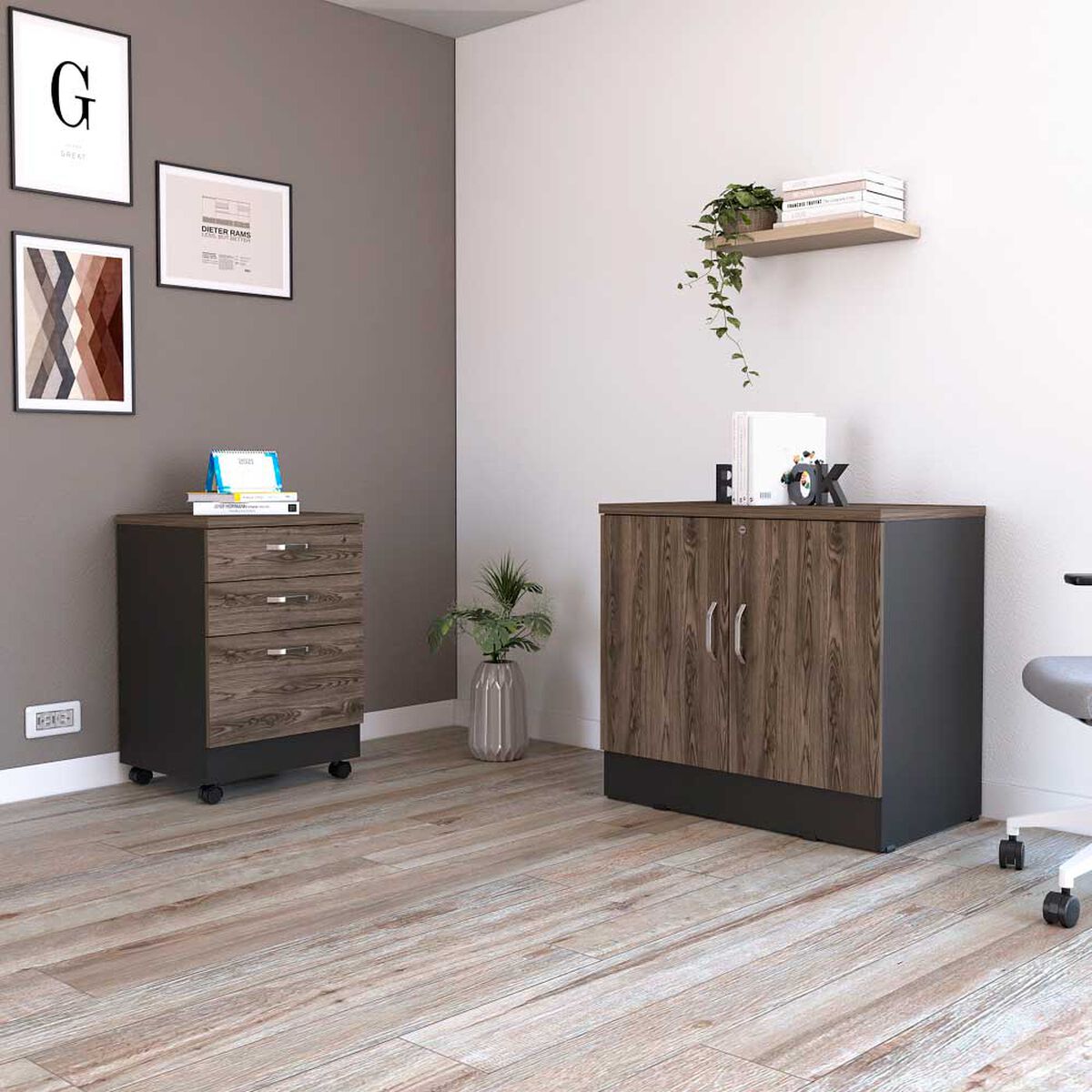 Combo Archivador 3 Cajones + Cajonera 2 Puertas TuHome Home Office Negro Soft-Coñac