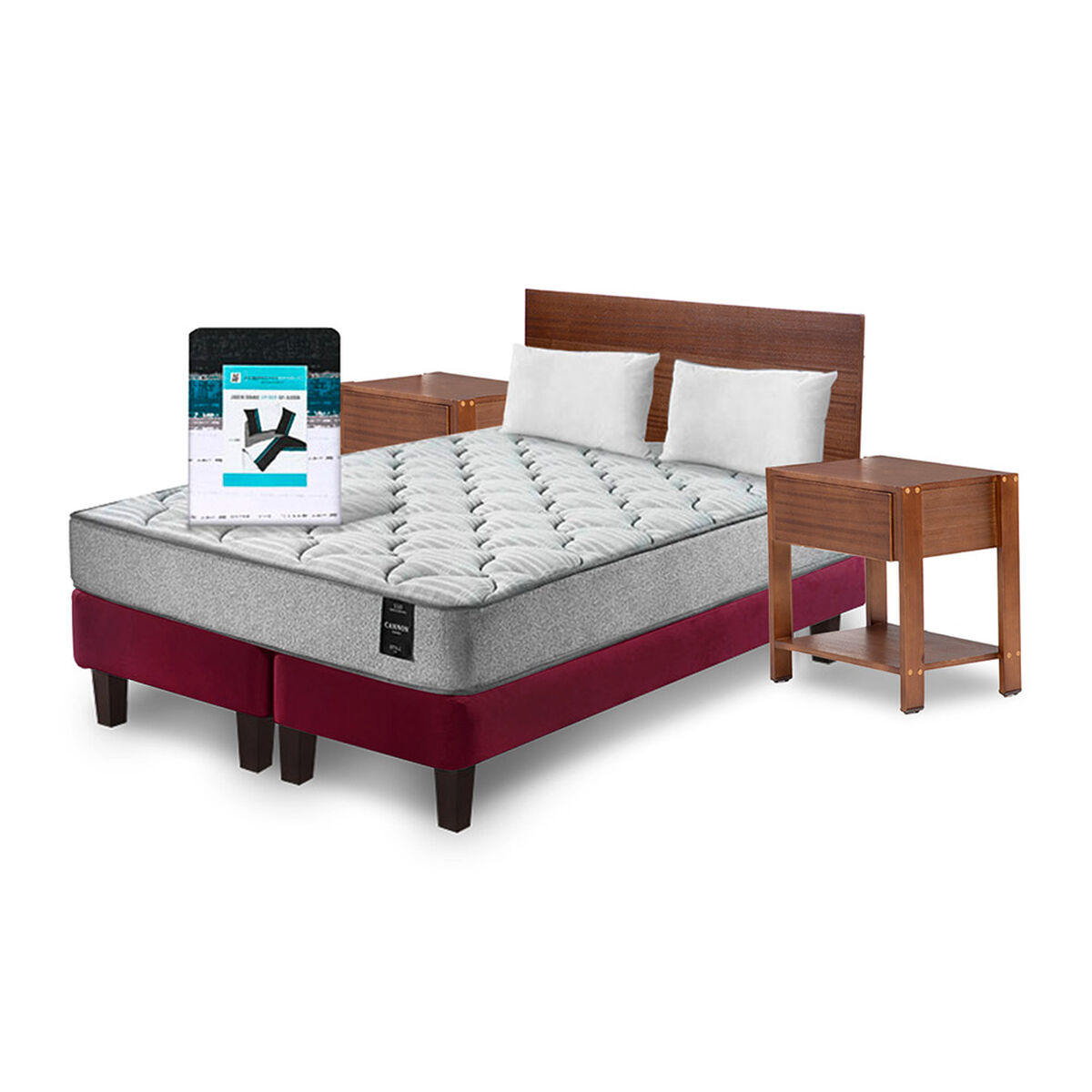 Combo Cama Europea Latam Home 2 Plazas Cannon BD Tela Burdeo + Textil + Respaldo + 2 Velador Orion