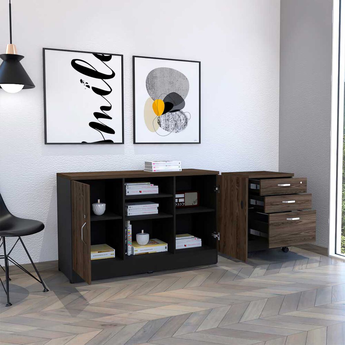 Combo Archivador 3 Cajones + Gabinete 2 Puertas TuHome Home Office Negro Soft-Co&ntilde;ac
