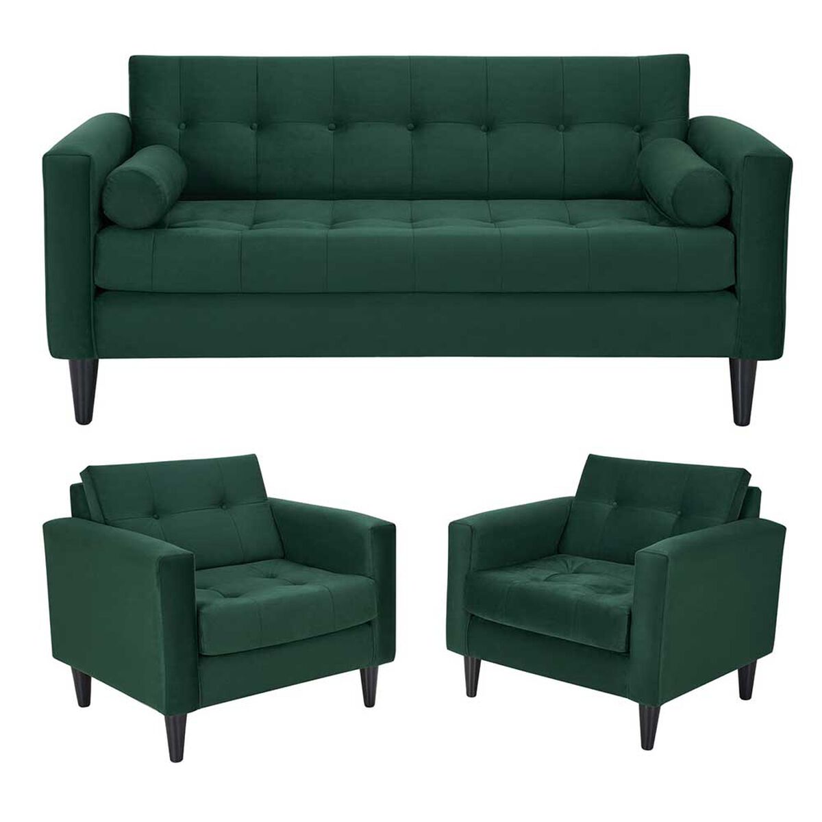 Juego de Living Bodevir Retro Felpa 3 Cuerpos + Dos Sillones 1 Cuerpo Verde Botella