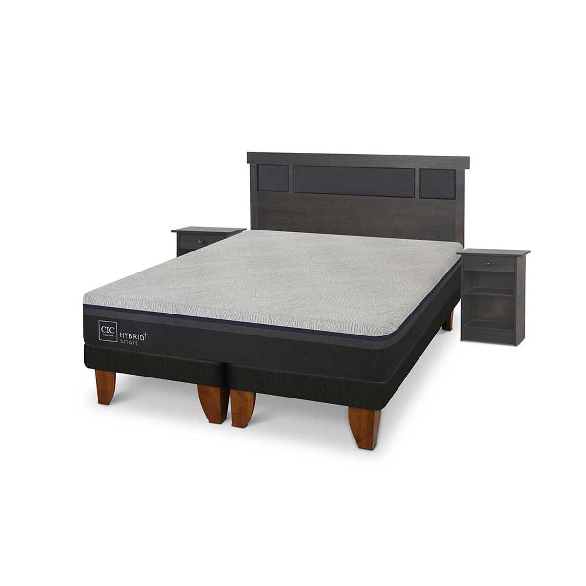 Cama Europea CIC Base Dividida 2 Plazas Hybrid Plus Infinity + Respaldo + 2 Veladores Dublin