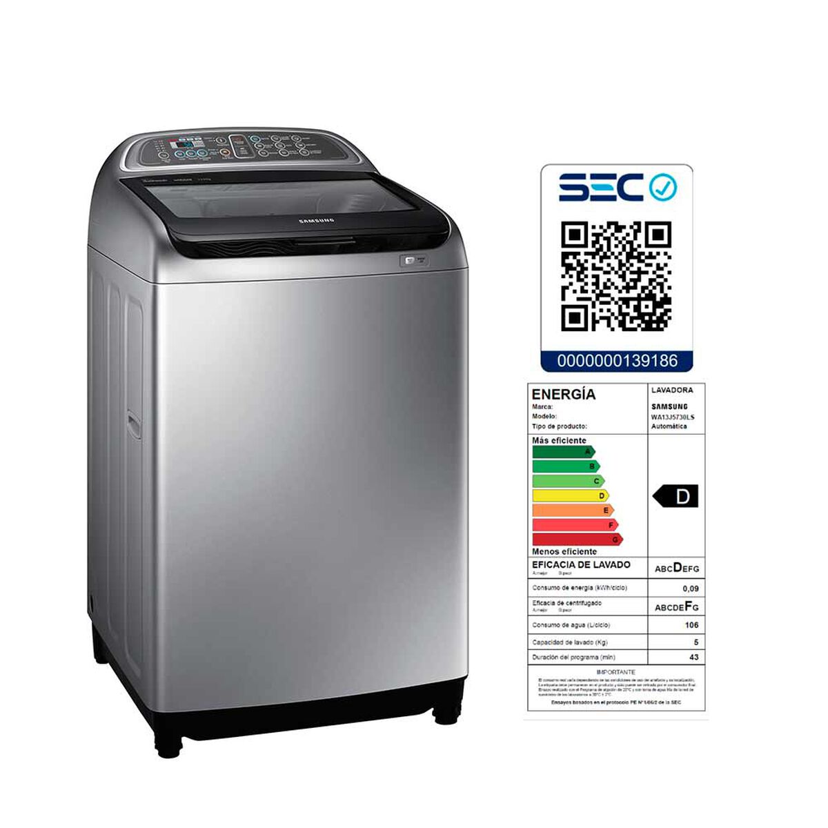 Lavadora Automática Samsung WA13J5730LS/ZS 13 kg