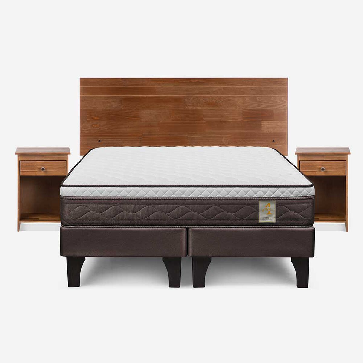 Cama Europea Rosen Base Dividida 2 Plazas New Style 4 Plus + Respaldo + 2 Veladores Tabor Caramelo